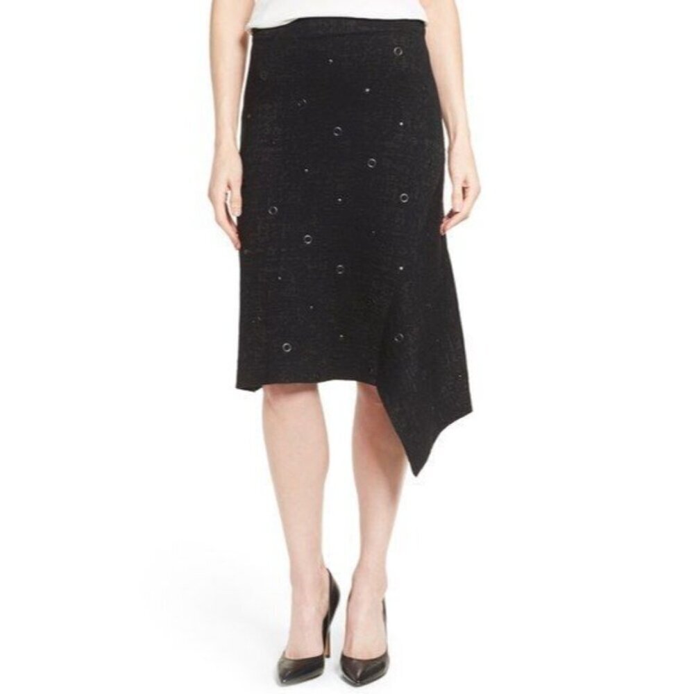 NWT  NIC+ZOE Black Onyx Studded Knit Asymmetrical Skirt Women's Size Large $158